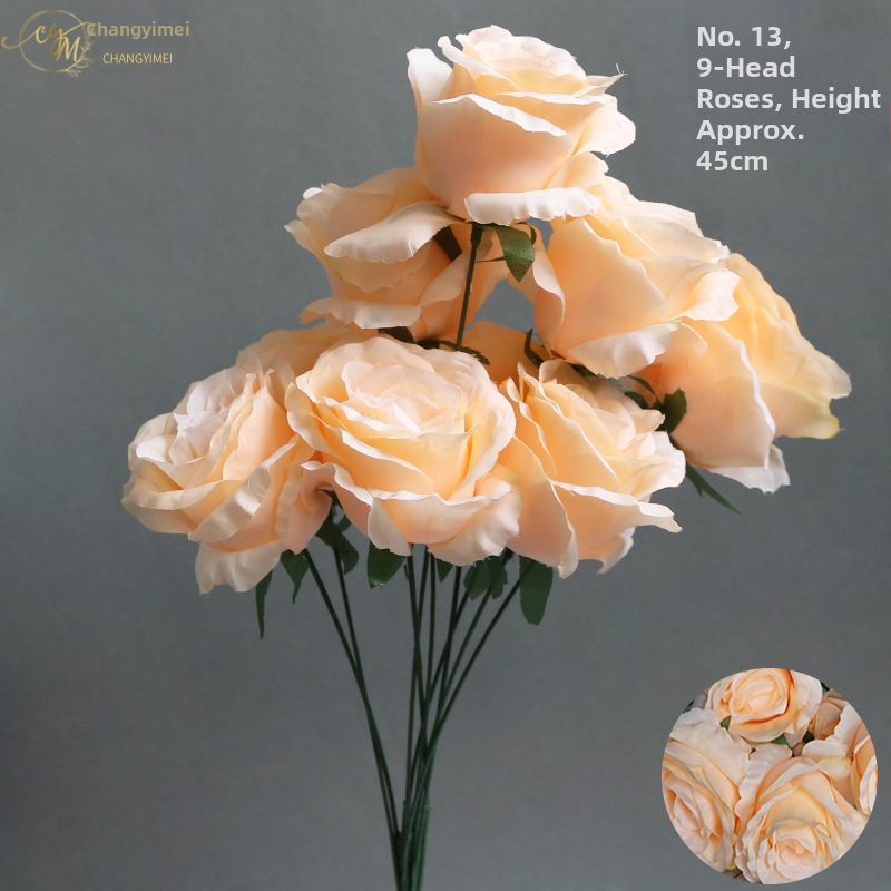 9 szál mű rózsa otthoni asztali dekorációhoz, textil anyag, virágkompozíció rekvizita