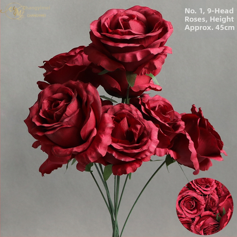 9 szál mű rózsa otthoni asztali dekorációhoz, textil anyag, virágkompozíció rekvizita