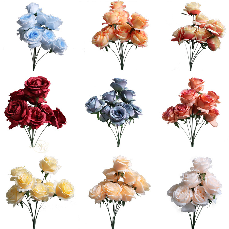 9 szál mű rózsa otthoni asztali dekorációhoz, textil anyag, virágkompozíció rekvizita