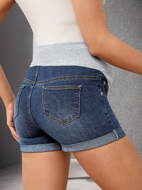 Șorturi denim pentru gravide, cu rupturi, control al abdomenului, talie medie elastică