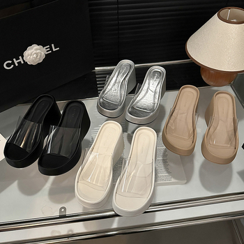 Sandale dama cu curea transparentă, toc înalt și talpă groasă, stil coreean, vârf rotund, PU parte superioară, PU căptușeală, talpă din cauciuc, vară 2024