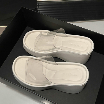 Sandale dama cu curea transparentă, toc înalt și talpă groasă, stil coreean, vârf rotund, PU parte superioară, PU căptușeală, talpă din cauciuc, vară 2024