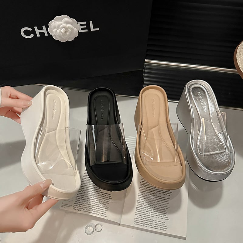 Sandale dama cu curea transparentă, toc înalt și talpă groasă, stil coreean, vârf rotund, PU parte superioară, PU căptușeală, talpă din cauciuc, vară 2024