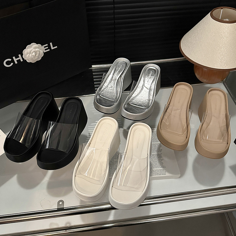 Sandale dama cu curea transparentă, toc înalt și talpă groasă, stil coreean, vârf rotund, PU parte superioară, PU căptușeală, talpă din cauciuc, vară 2024