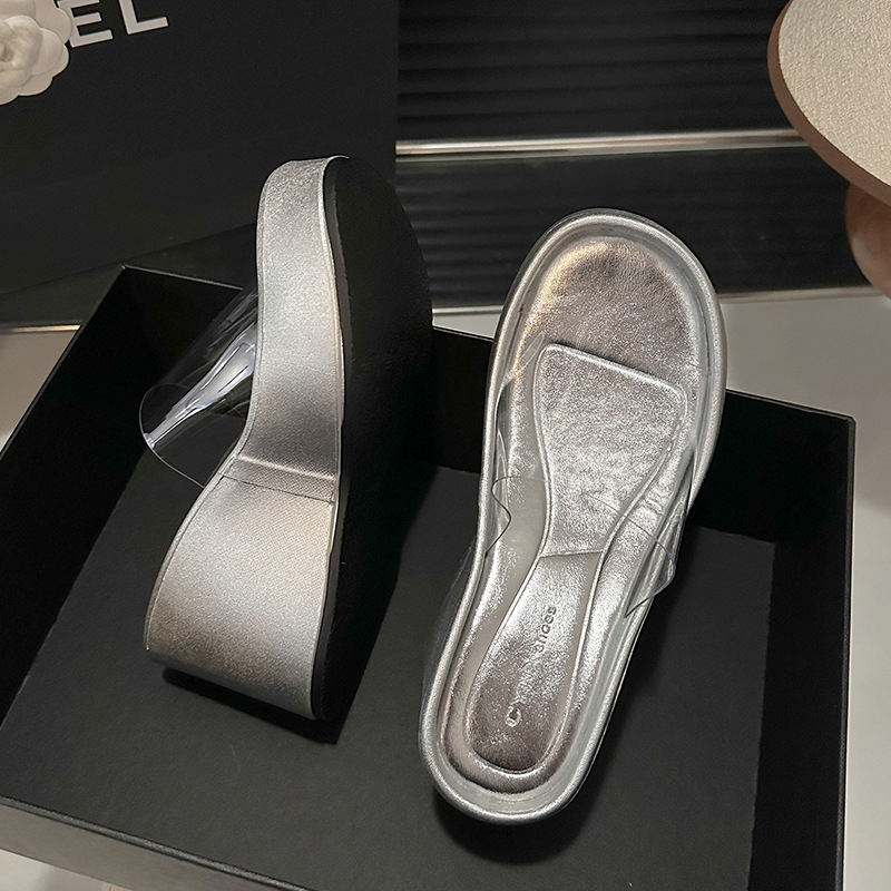 Sandale dama cu curea transparentă, toc înalt și talpă groasă, stil coreean, vârf rotund, PU parte superioară, PU căptușeală, talpă din cauciuc, vară 2024