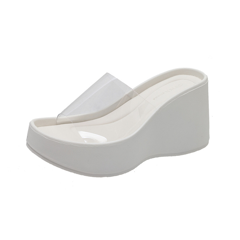 Sandale dama cu curea transparentă, toc înalt și talpă groasă, stil coreean, vârf rotund, PU parte superioară, PU căptușeală, talpă din cauciuc, vară 2024