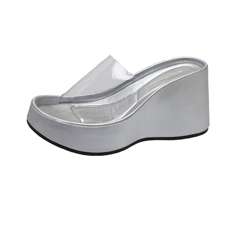 Sandale dama cu curea transparentă, toc înalt și talpă groasă, stil coreean, vârf rotund, PU parte superioară, PU căptușeală, talpă din cauciuc, vară 2024