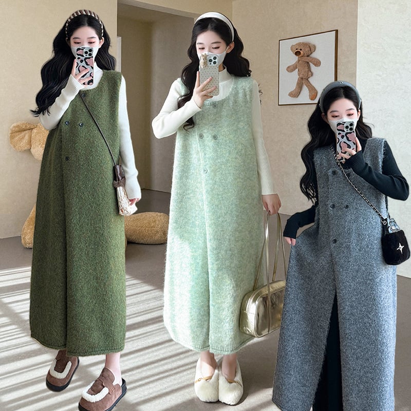 Set maternitate: rochie cu guler semi-înalt și vestă tricotată cu fustă lungă; material chenille, compoziție din bumbac, conținut sub 30%, croi lejer pentru pantaloni 3/4