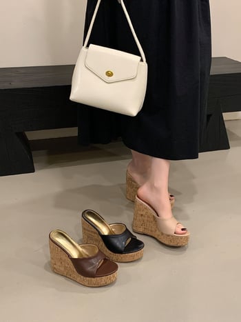 Sandale platformă cu deget deschis, toc 12 cm, talpă cu textură lemnoasă, talpă PU, partea superioară: super fiber, stil coreean