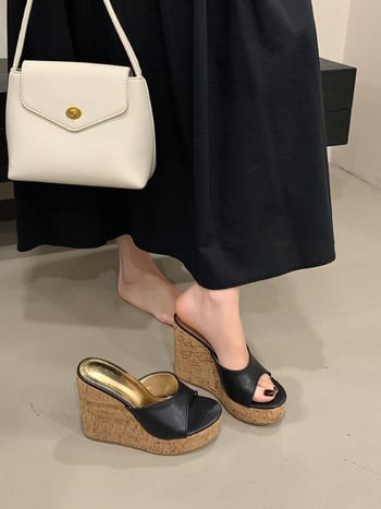 Sandale platformă cu deget deschis, toc 12 cm, talpă cu textură lemnoasă, talpă PU, partea superioară: super fiber, stil coreean