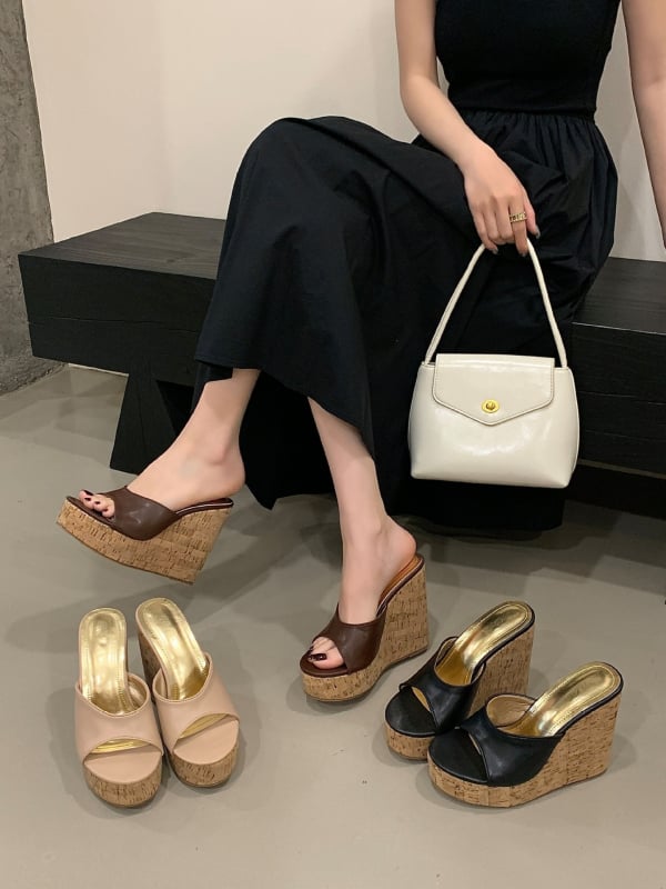 Sandale platformă cu deget deschis, toc 12 cm, talpă cu textură lemnoasă, talpă PU, partea superioară: super fiber, stil coreean