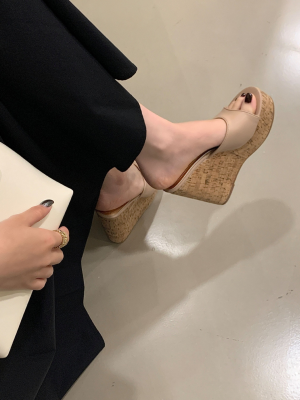 Sandale platformă cu deget deschis, toc 12 cm, talpă cu textură lemnoasă, talpă PU, partea superioară: super fiber, stil coreean