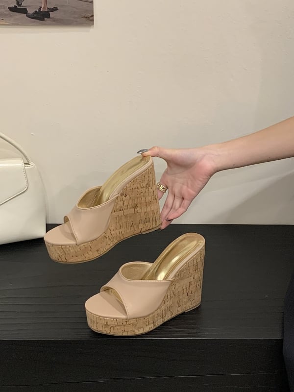 Sandale platformă cu deget deschis, toc 12 cm, talpă cu textură lemnoasă, talpă PU, partea superioară: super fiber, stil coreean