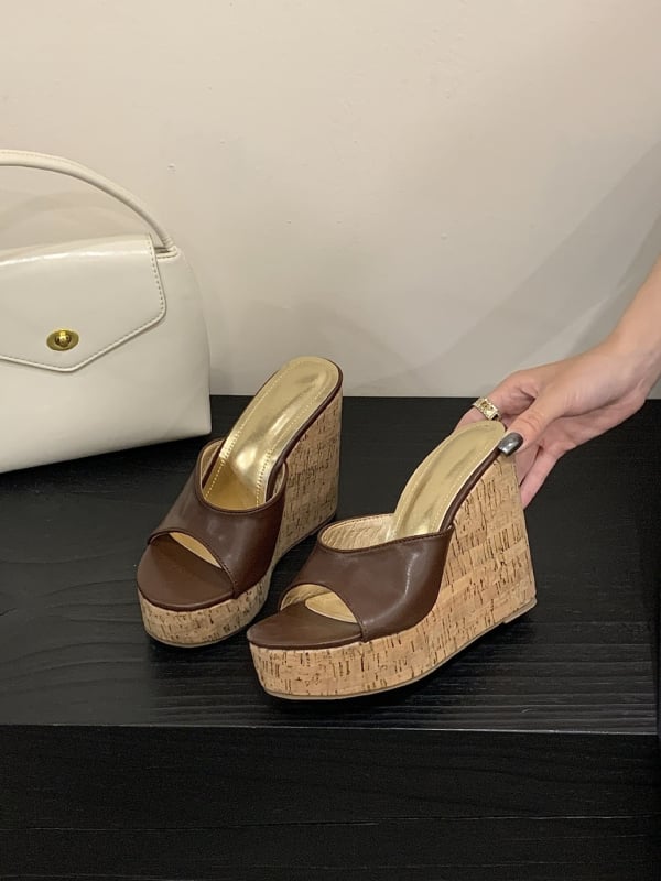 Sandale platformă cu deget deschis, toc 12 cm, talpă cu textură lemnoasă, talpă PU, partea superioară: super fiber, stil coreean