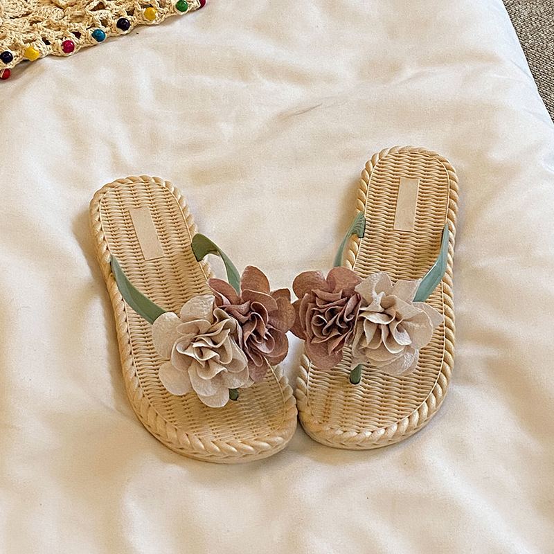 Sandale dama cu platformă, design cu floare din paie, partea superioară PVC, talpă PVC, fără căptușeală, talpă injectată, pentru purtare zilnică la plajă