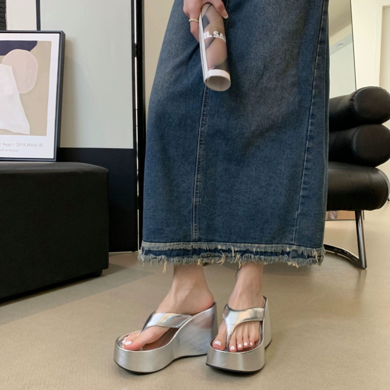 Sandale wedge cu talpă groasă, vârf rotund, stil coreean, partea superioară PU și talpa PU, căptușeală din microfibră