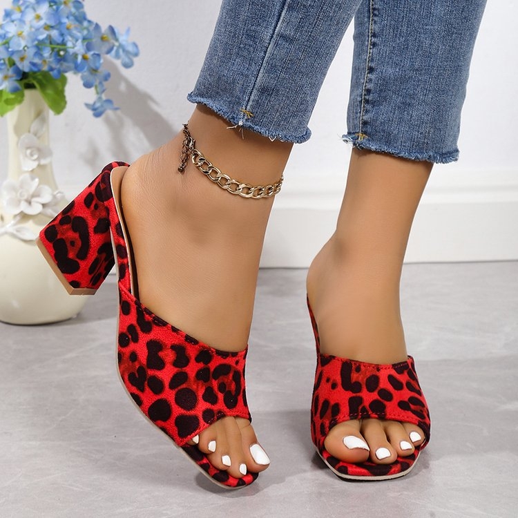 Sandale s leopard uzorkom u rimskom stilu, s okruglim nosom, debelim petom, PU gornjim dijelom