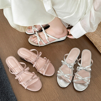 Step Flower sandale cu nod papion, platforma cu wedge, vârf rotund, deget deschis, partea superioară din piele de porc