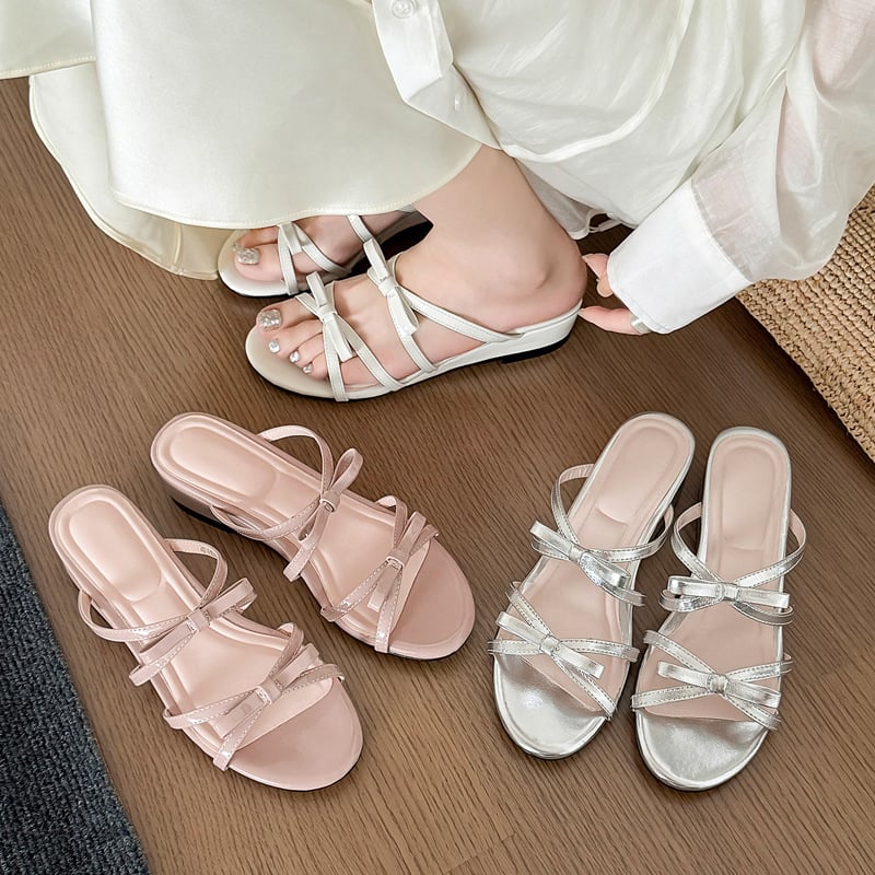 Step Flower sandale cu nod papion, platforma cu wedge, vârf rotund, deget deschis, partea superioară din piele de porc