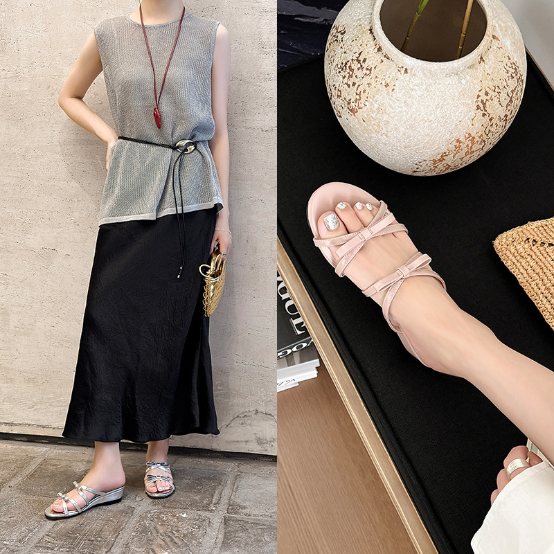 Step Flower sandale cu nod papion, platforma cu wedge, vârf rotund, deget deschis, partea superioară din piele de porc