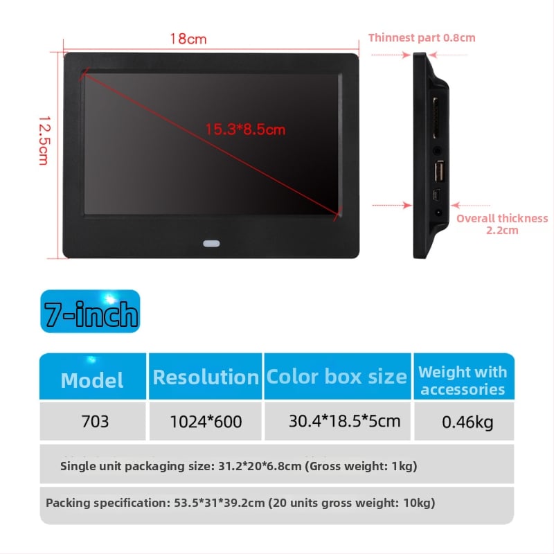 Reklám célú digitális fotókeret – 1024×600, HD LED LCD, lejátszik zenét és videót, SD/USB/TF támogatott, 16:9