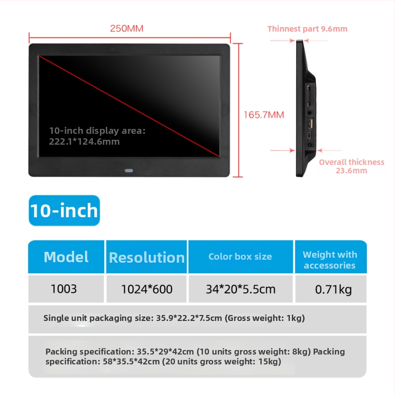 Reklám célú digitális fotókeret – 1024×600, HD LED LCD, lejátszik zenét és videót, SD/USB/TF támogatott, 16:9