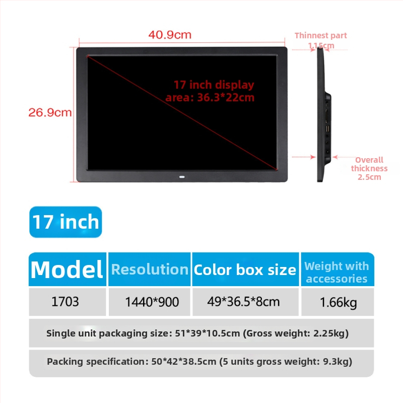 Reklám célú digitális fotókeret – 1024×600, HD LED LCD, lejátszik zenét és videót, SD/USB/TF támogatott, 16:9