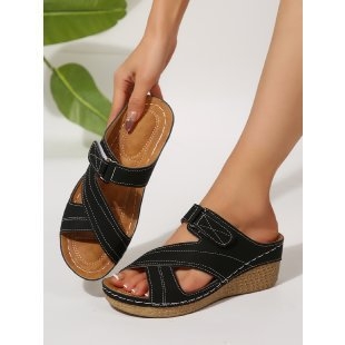 Libu ženske sandale s okruglim prstom, debeli klinasti potplat, Velcro kopča