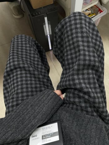 Pantaloni de maternitate cu carouri din lână, talie cu șnur, căptușeală fleece, croială largă, amestec poliester 30-50%