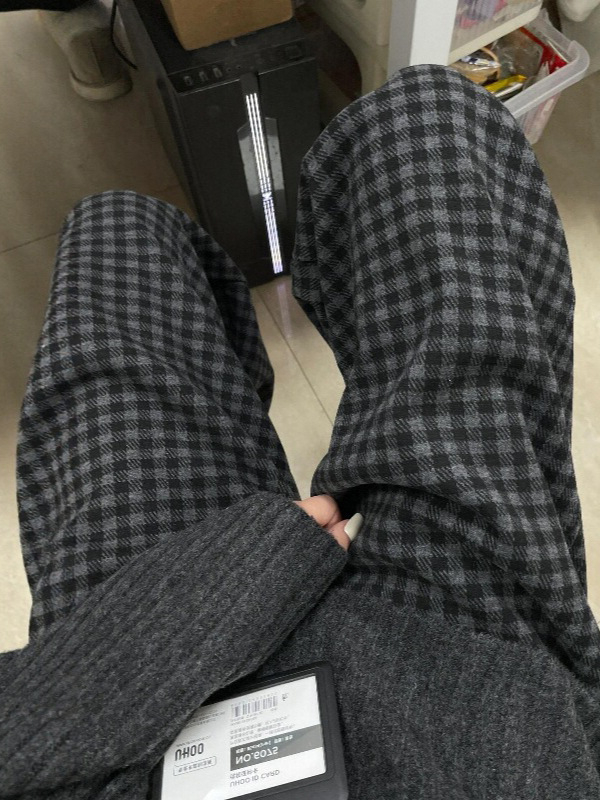 Pantaloni de maternitate cu carouri din lână, talie cu șnur, căptușeală fleece, croială largă, amestec poliester 30-50%