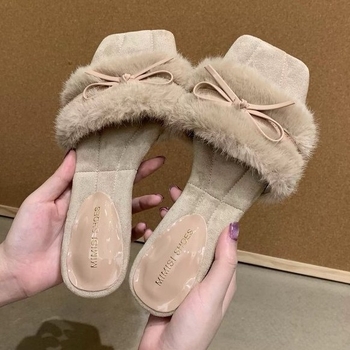 Női klínos talpú papucs masnival, belső műszőrmés, TPR talp, mindennapi viselet