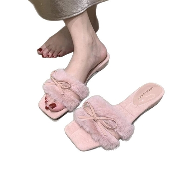 Női klínos talpú papucs masnival, belső műszőrmés, TPR talp, mindennapi viselet