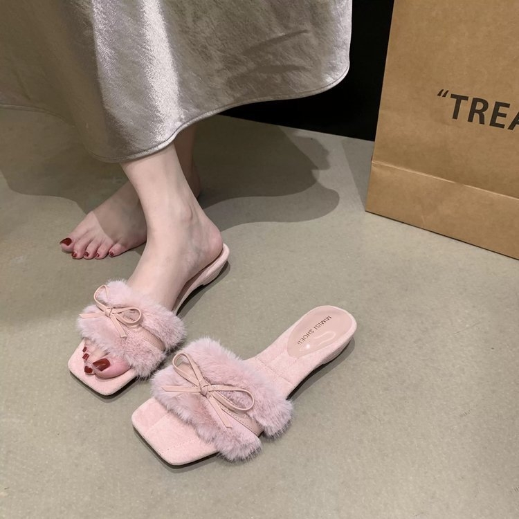 Női klínos talpú papucs masnival, belső műszőrmés, TPR talp, mindennapi viselet