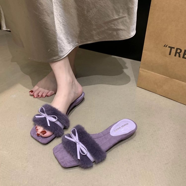 Női klínos talpú papucs masnival, belső műszőrmés, TPR talp, mindennapi viselet