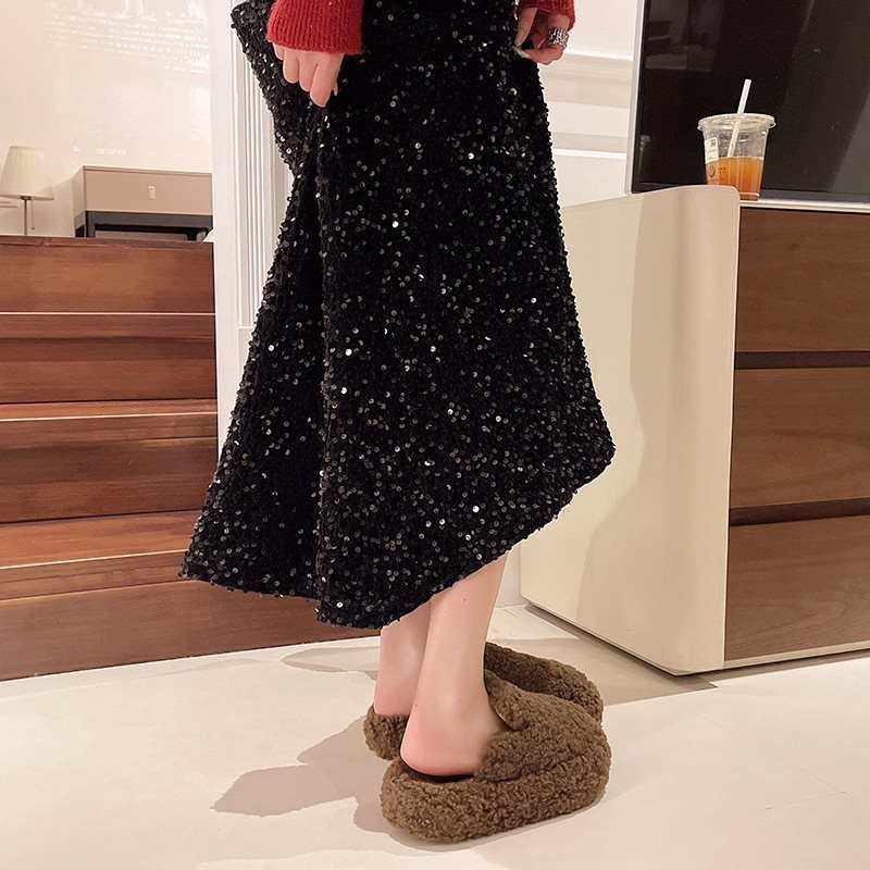 Női otthoni papucs műszőrme, leopard mintával, kerek orrú, gumírozott talppal, minimalist stílus