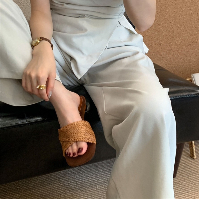 Sandale s ravnim tipom, gornji materijal Super Fiber, okrugli vrh, gumasti potplat, korejski stil, ljeto 2025
