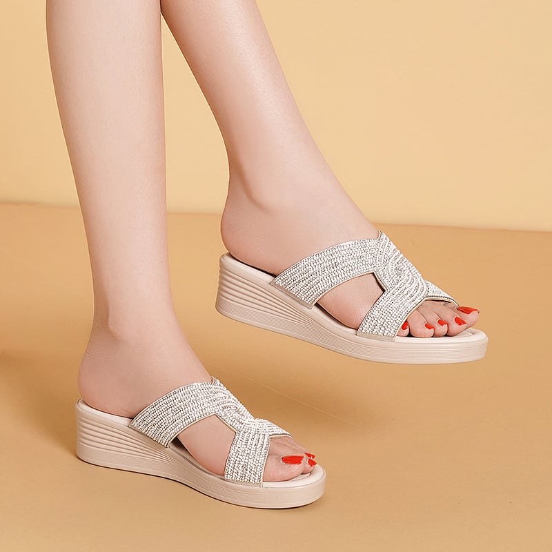 Női kristályos köves klín szandálok, poliuretán talp, belső plüss