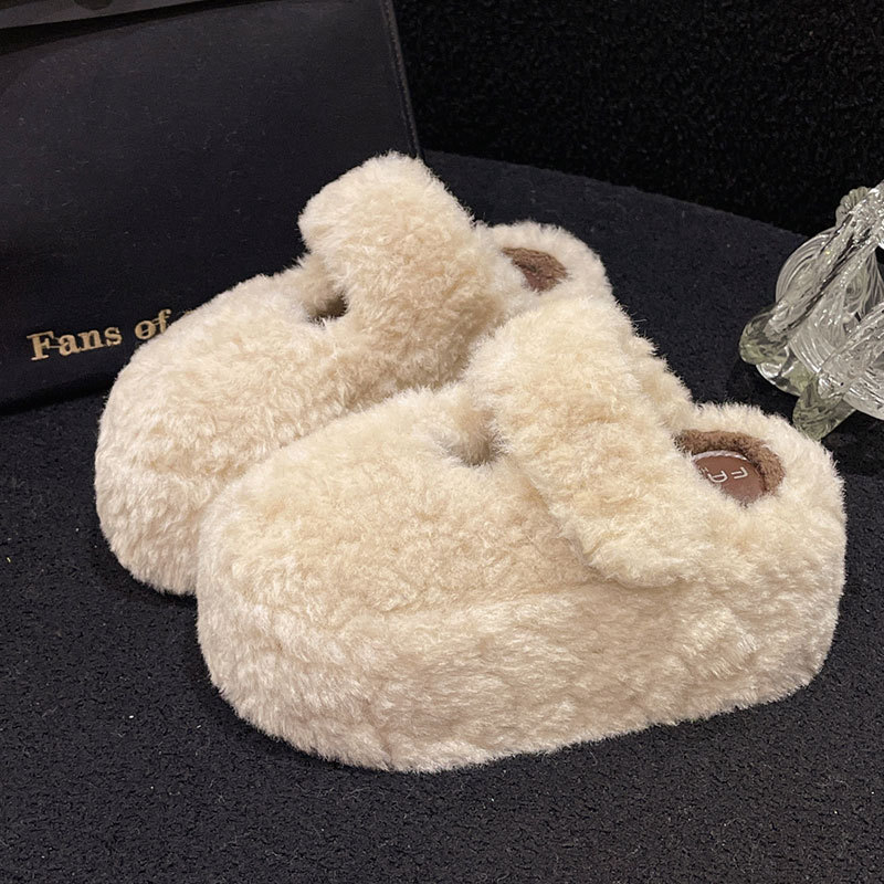 Női vastag talpú szőrös papucs Baotou orrúval, plüss felső, gumírozott talp, belső műszál rövid plüss, tél 2025