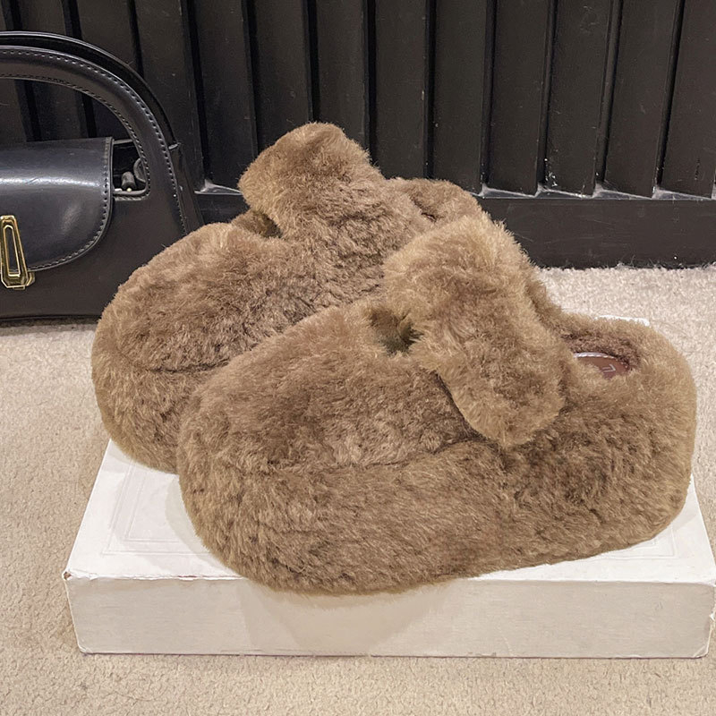 Női vastag talpú szőrös papucs Baotou orrúval, plüss felső, gumírozott talp, belső műszál rövid plüss, tél 2025