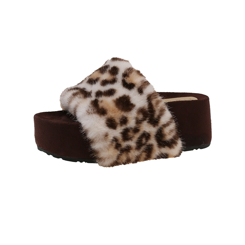 Papuče s leopardovim uzorkom i krznom, EVA potplat debljine 8 cm, za vanjsku upotrebu, jesen 2025