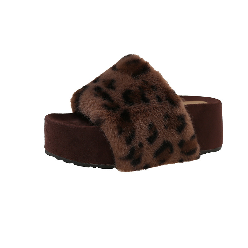 Papuče s leopardovim uzorkom i krznom, EVA potplat debljine 8 cm, za vanjsku upotrebu, jesen 2025