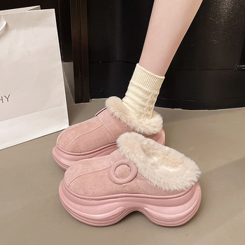 Női vastag talpú papucs, plüss béléssel, nubuk felsőrész marhából, kerek orr, gumírozott talp — tél 2025