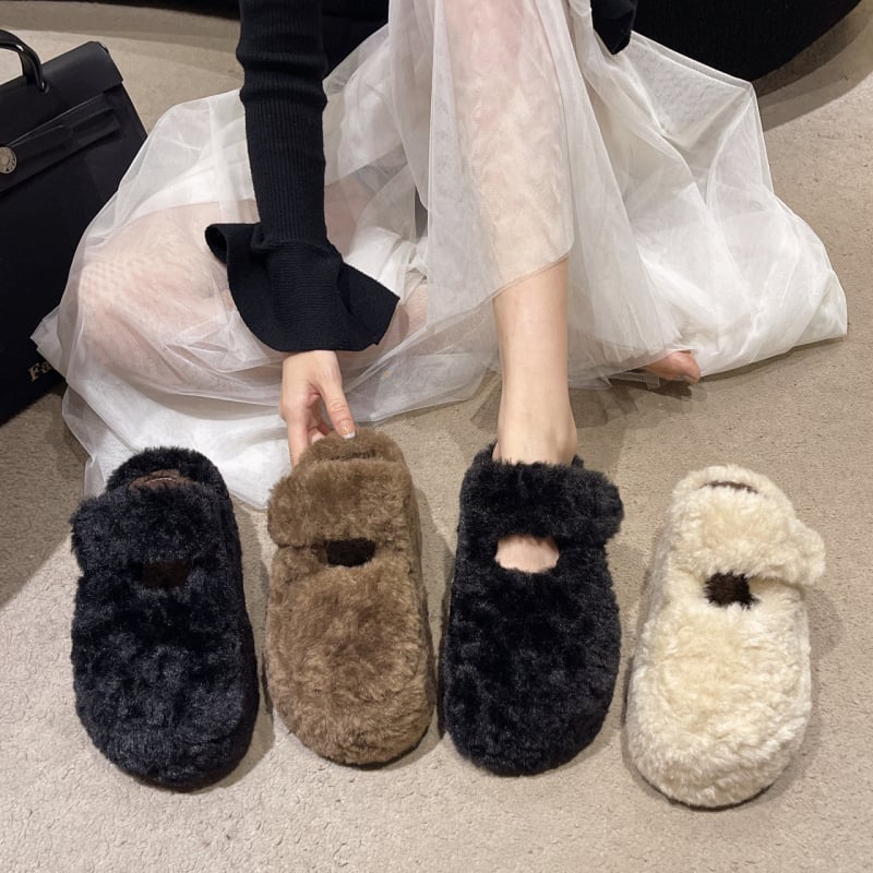 Női suede papucs plüss belsővel, kerek orr, slip-on, 7 cm magasságot növelő gumitalp