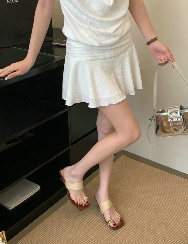 Sandale cu bretea simplă, vârf pătrat, stil coreean, talpă din cauciuc