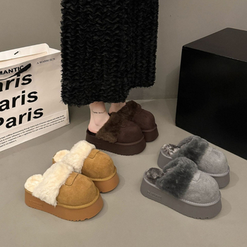 8 cm-es magasságot növelő, vastag talpú zárt orrú női papucs, plüss bélés, Birkenstock-stílus téli viselet (felső rész: plüss; belső rész: mesterséges rövid plüss; talp: gumi; orrforma: zárt; szezon: 2025 tél)