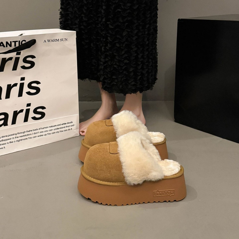 8 cm-es magasságot növelő, vastag talpú zárt orrú női papucs, plüss bélés, Birkenstock-stílus téli viselet (felső rész: plüss; belső rész: mesterséges rövid plüss; talp: gumi; orrforma: zárt; szezon: 2025 tél)