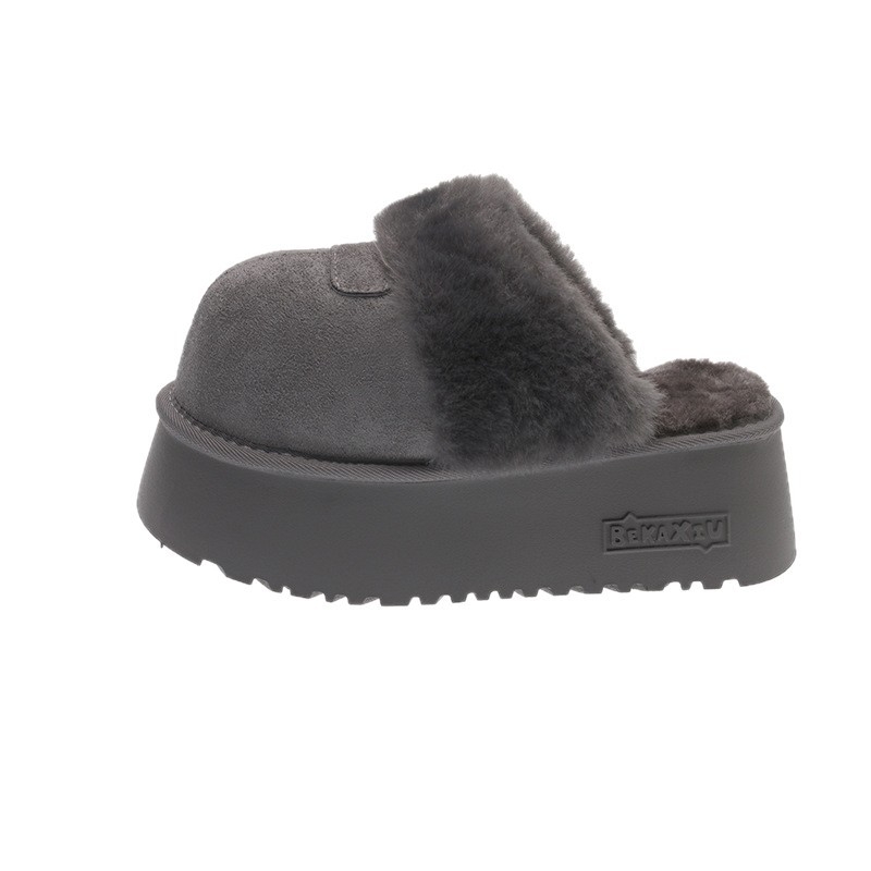 8 cm-es magasságot növelő, vastag talpú zárt orrú női papucs, plüss bélés, Birkenstock-stílus téli viselet (felső rész: plüss; belső rész: mesterséges rövid plüss; talp: gumi; orrforma: zárt; szezon: 2025 tél)