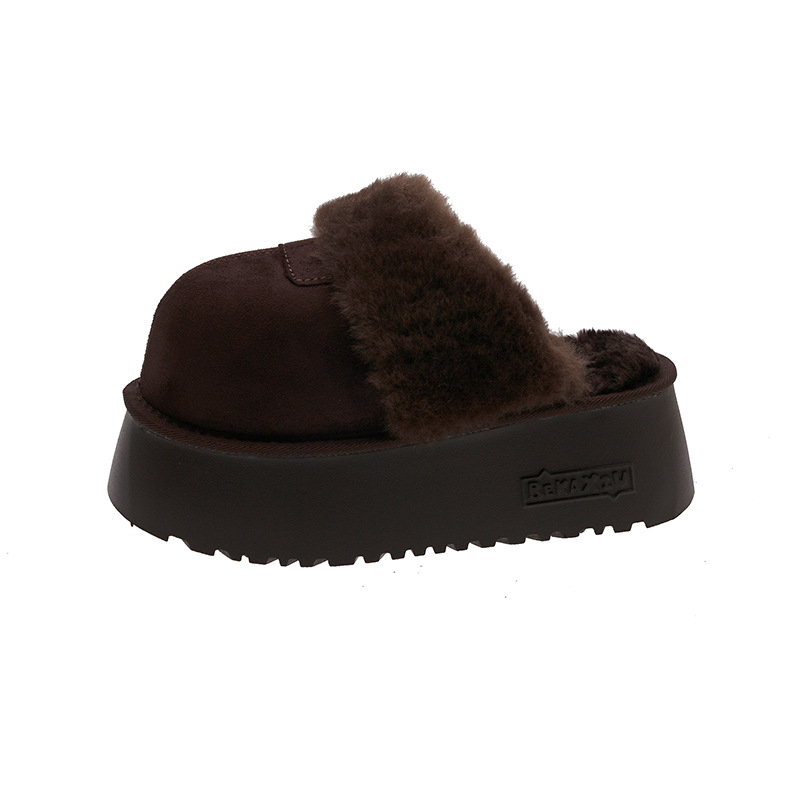 8 cm-es magasságot növelő, vastag talpú zárt orrú női papucs, plüss bélés, Birkenstock-stílus téli viselet (felső rész: plüss; belső rész: mesterséges rövid plüss; talp: gumi; orrforma: zárt; szezon: 2025 tél)