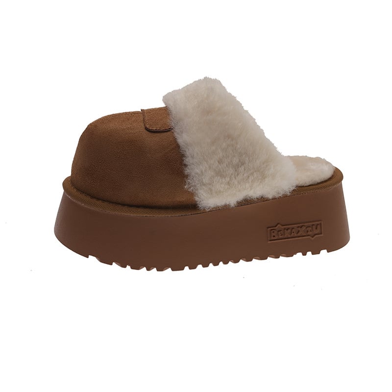 8 cm-es magasságot növelő, vastag talpú zárt orrú női papucs, plüss bélés, Birkenstock-stílus téli viselet (felső rész: plüss; belső rész: mesterséges rövid plüss; talp: gumi; orrforma: zárt; szezon: 2025 tél)