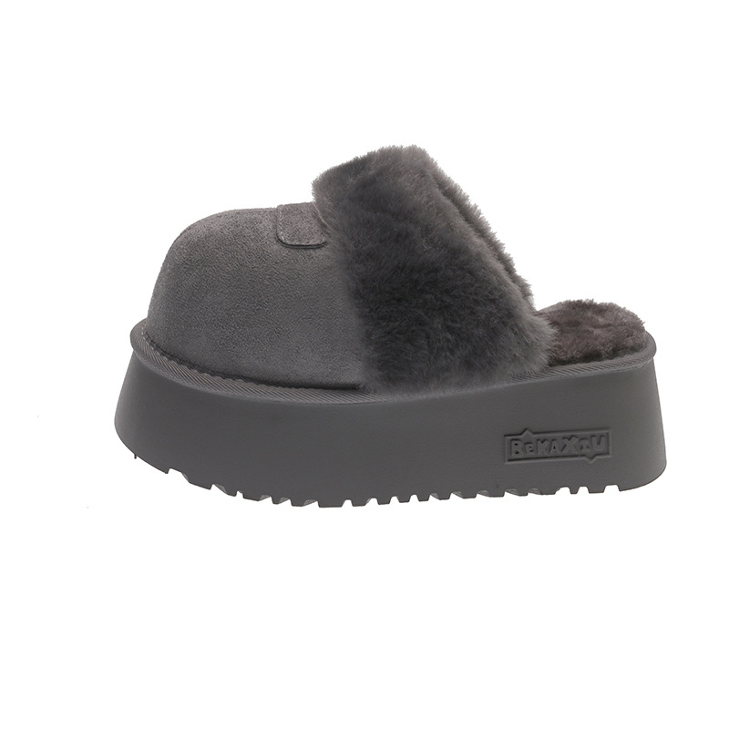 8 cm-es magasságot növelő, vastag talpú zárt orrú női papucs, plüss bélés, Birkenstock-stílus téli viselet (felső rész: plüss; belső rész: mesterséges rövid plüss; talp: gumi; orrforma: zárt; szezon: 2025 tél)